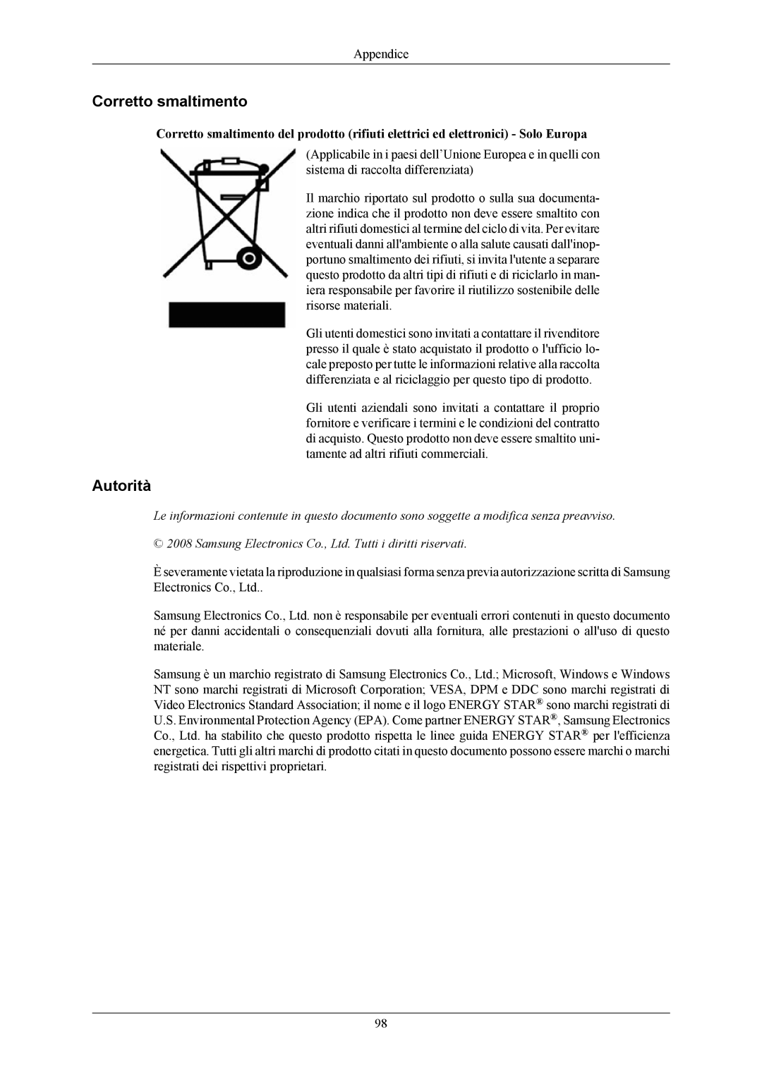 Samsung LS22TWHSUV/CT, LS20TWHSUV/EN, LS19TWHSUV/EN, LS22TWHSUV/EN manual Corretto smaltimento, Autorità 