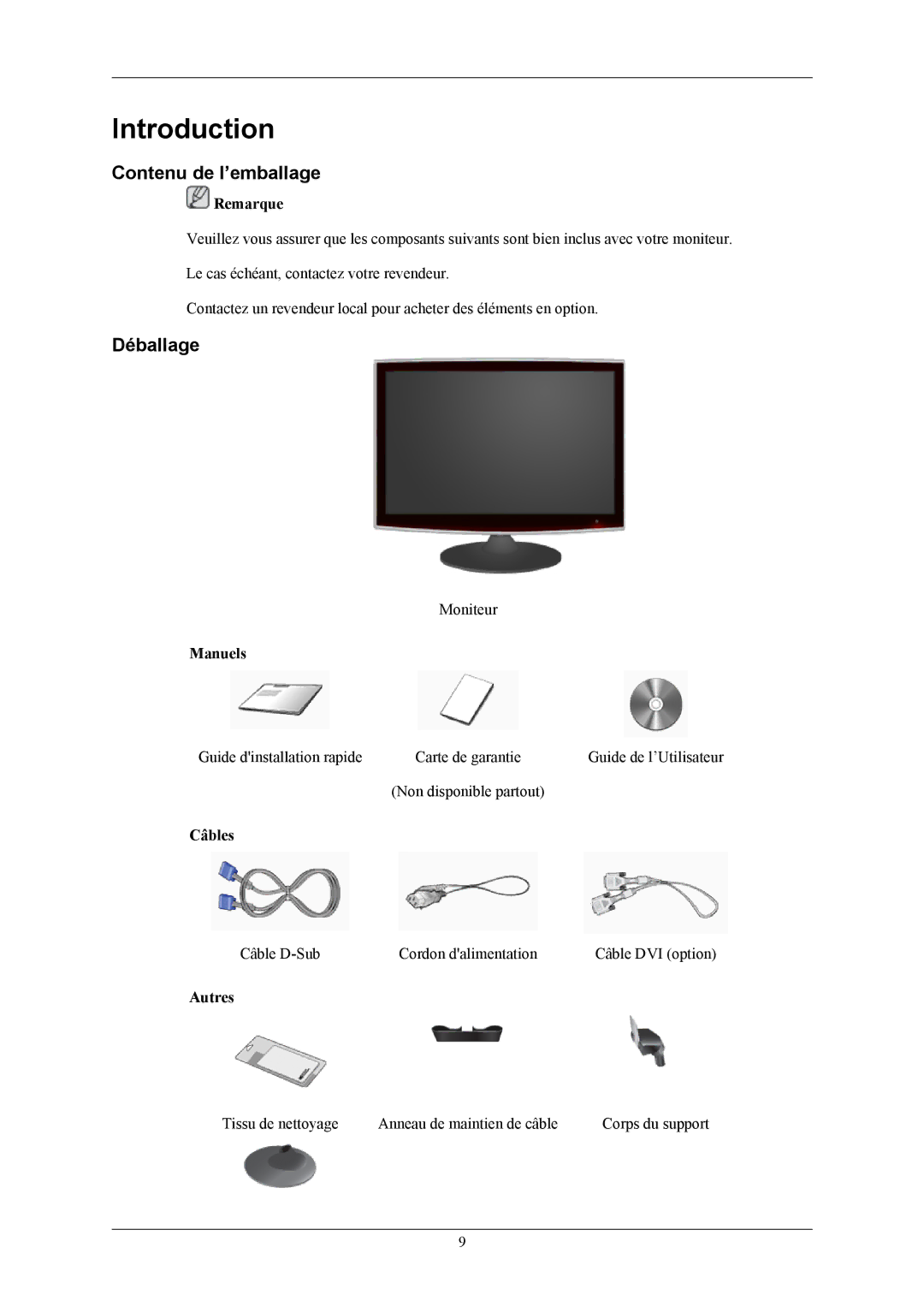 Samsung LS19TWHSUV/EN, LS20TWHSUV/EN, LS22TWHSUV/EN manual Introduction, Contenu de l’emballage, Déballage 