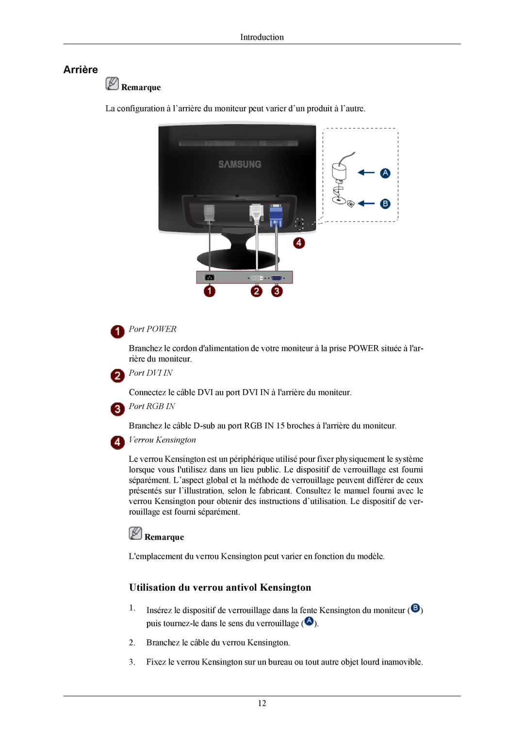 Samsung LS19TWHSUV/EN, LS20TWHSUV/EN, LS22TWHSUV/EN manual Arrière, Port Power 