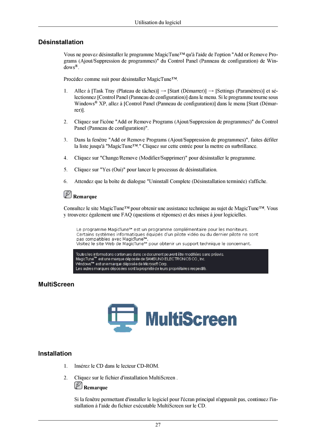 Samsung LS19TWHSUV/EN, LS20TWHSUV/EN, LS22TWHSUV/EN manual Désinstallation, MultiScreen Installation 