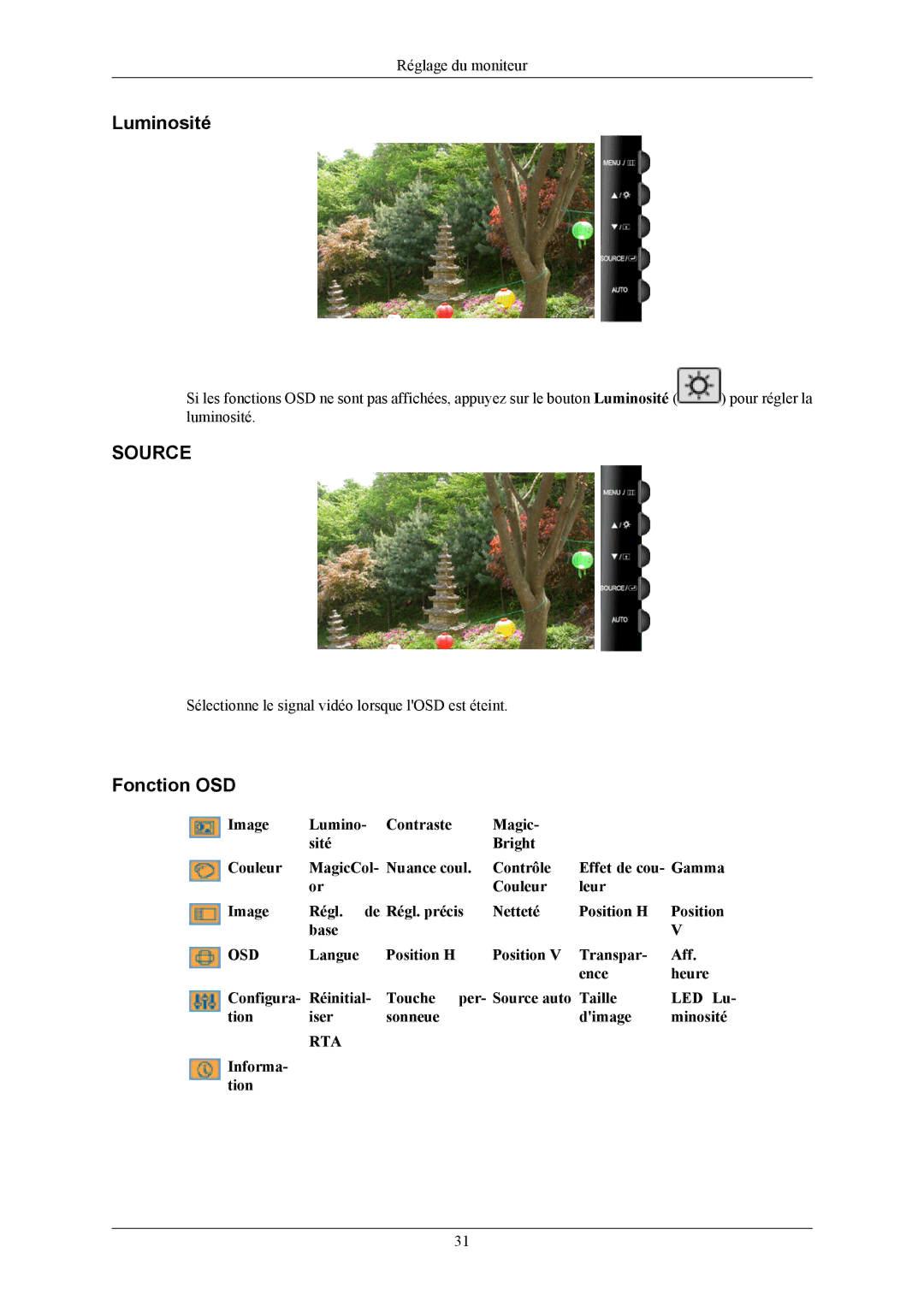 Samsung LS22TWHSUV/EN, LS20TWHSUV/EN, LS19TWHSUV/EN manual Luminosité, Fonction OSD 
