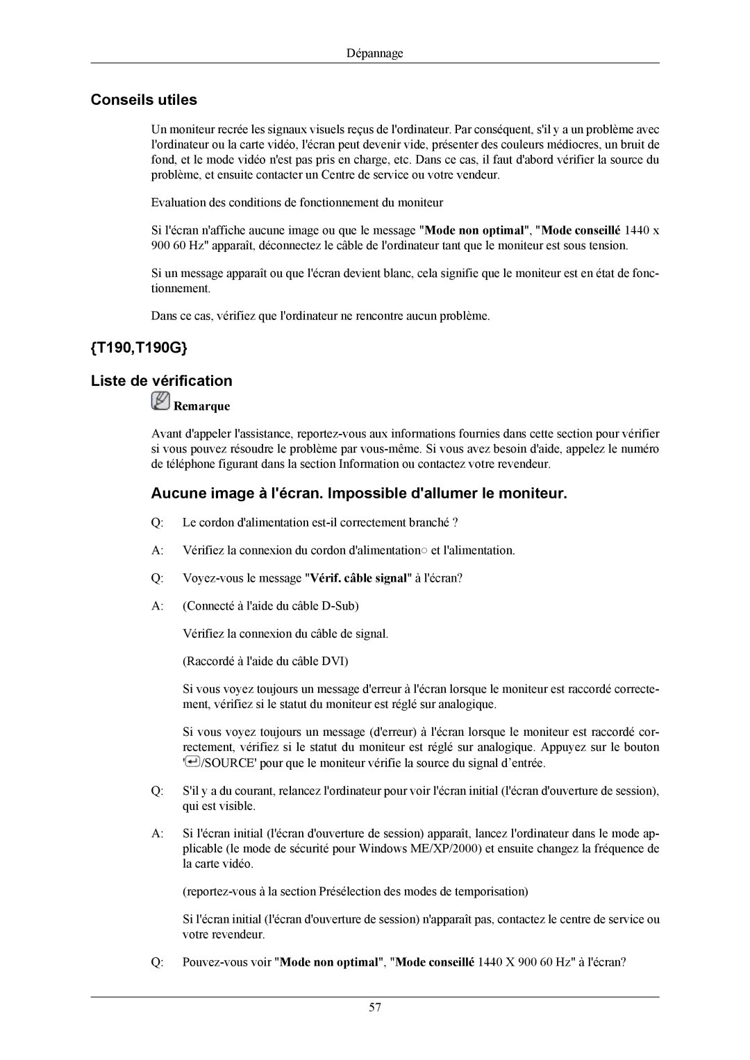 Samsung LS19TWHSUV/EN, LS20TWHSUV/EN, LS22TWHSUV/EN manual Conseils utiles, T190,T190G Liste de vérification 