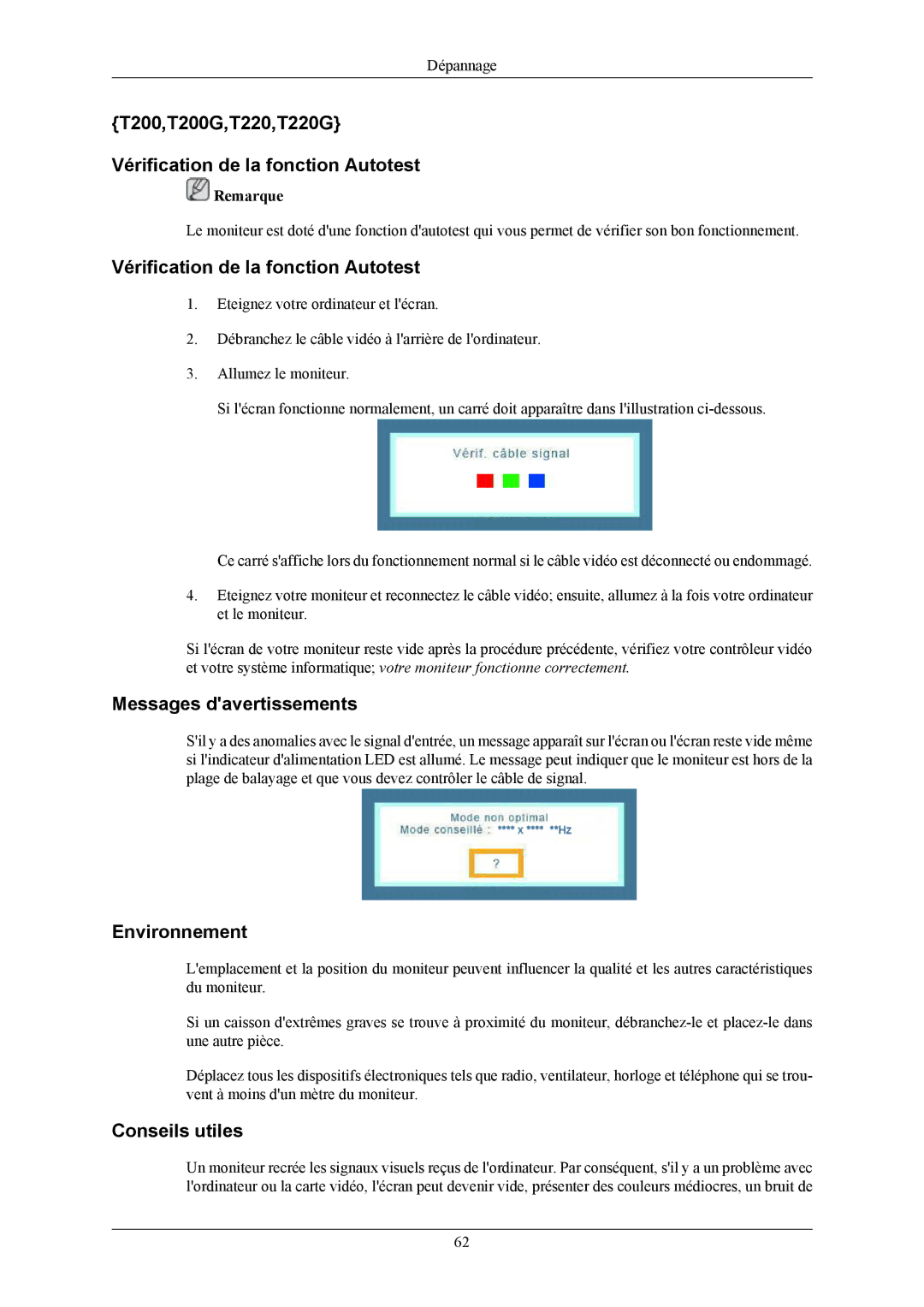 Samsung LS20TWHSUV/EN, LS19TWHSUV/EN, LS22TWHSUV/EN manual T200,T200G,T220,T220G Vérification de la fonction Autotest 