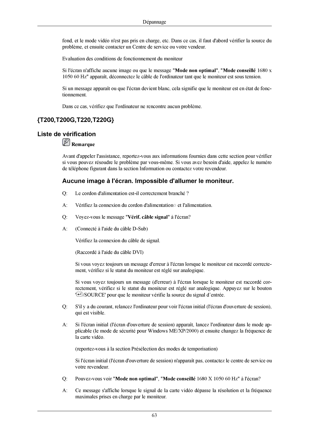Samsung LS19TWHSUV/EN T200,T200G,T220,T220G Liste de vérification, Aucune image à lécran. Impossible dallumer le moniteur 