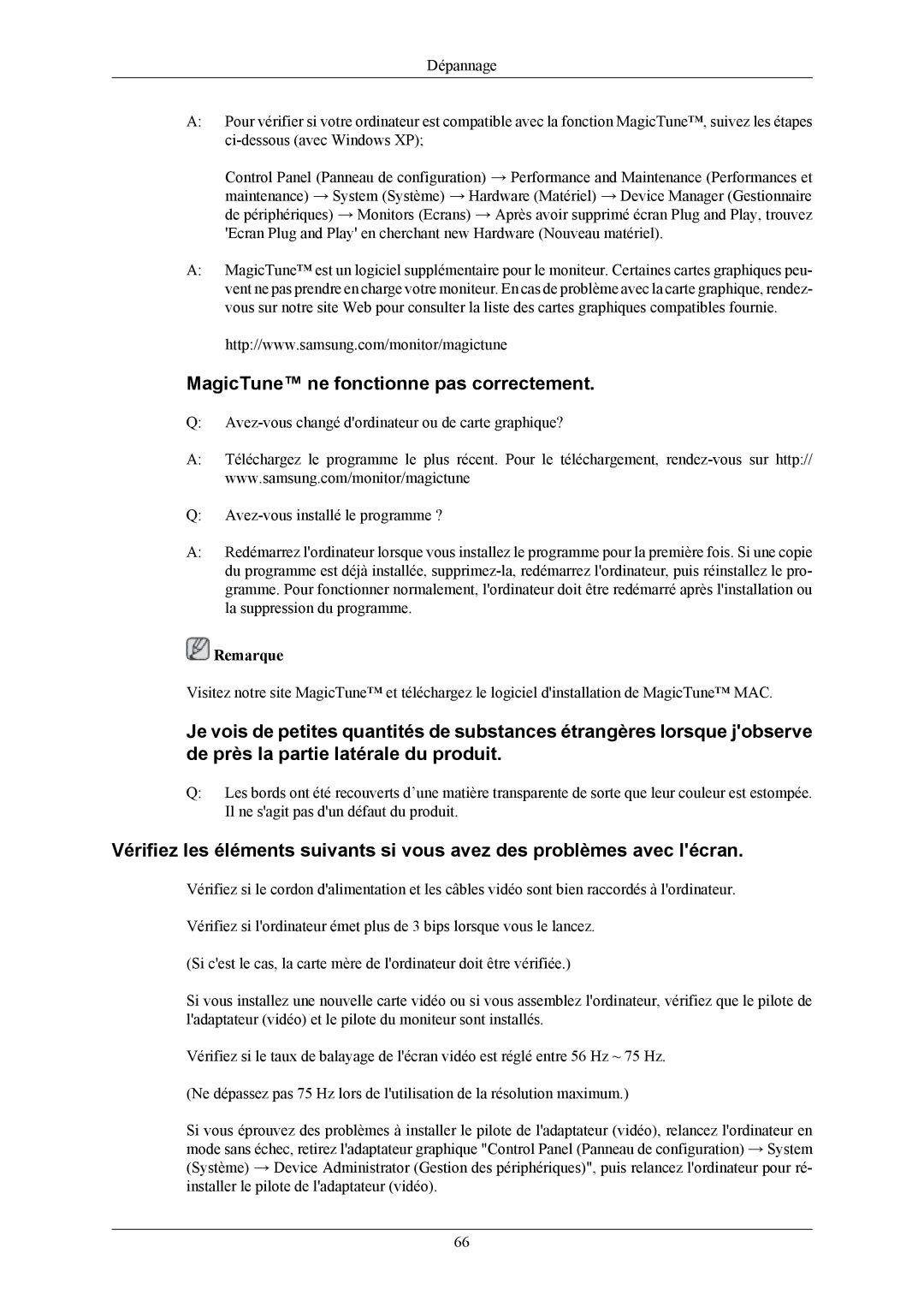 Samsung LS19TWHSUV/EN, LS20TWHSUV/EN, LS22TWHSUV/EN manual MagicTune ne fonctionne pas correctement 