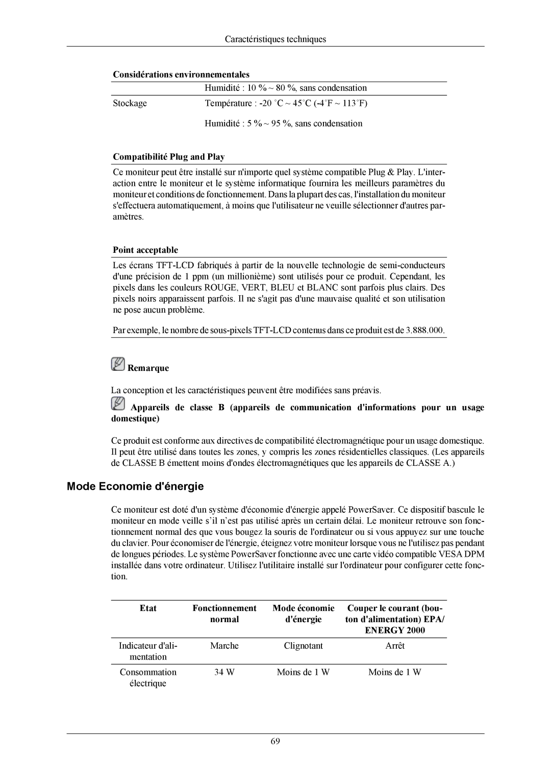 Samsung LS19TWHSUV/EN, LS20TWHSUV/EN, LS22TWHSUV/EN manual Mode Economie dénergie, Compatibilité Plug and Play 