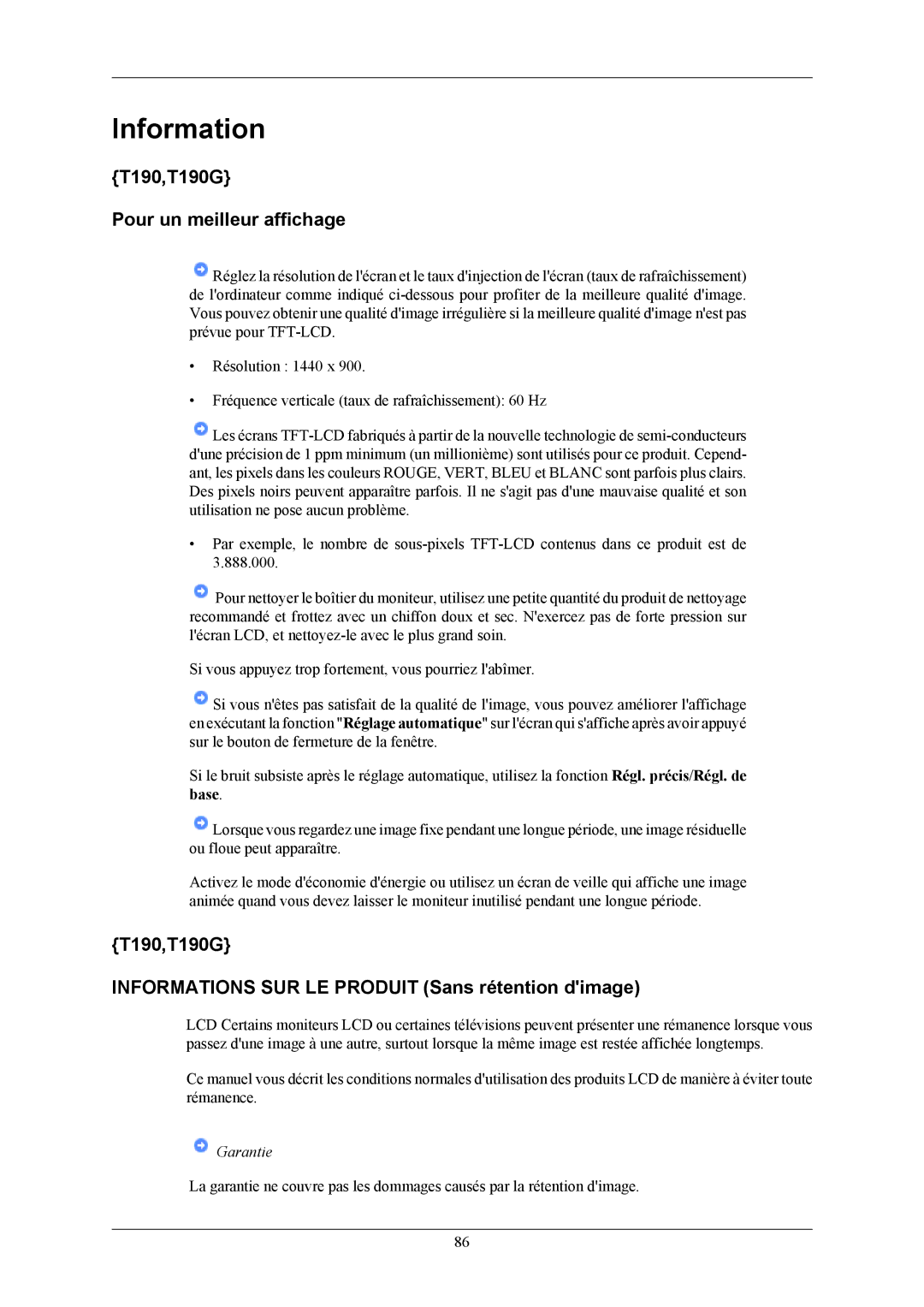 Samsung LS20TWHSUV/EN, LS19TWHSUV/EN, LS22TWHSUV/EN manual Information, T190,T190G Pour un meilleur affichage 
