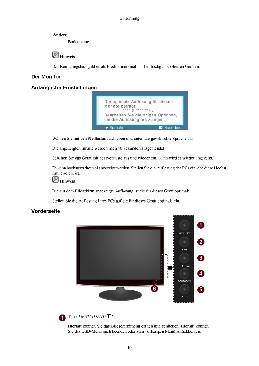 Samsung LS22TWHSUV/EN, LS20TWHSUV/EN, LS19TWHSUV/EN manual Der Monitor Anfängliche Einstellungen, Vorderseite 