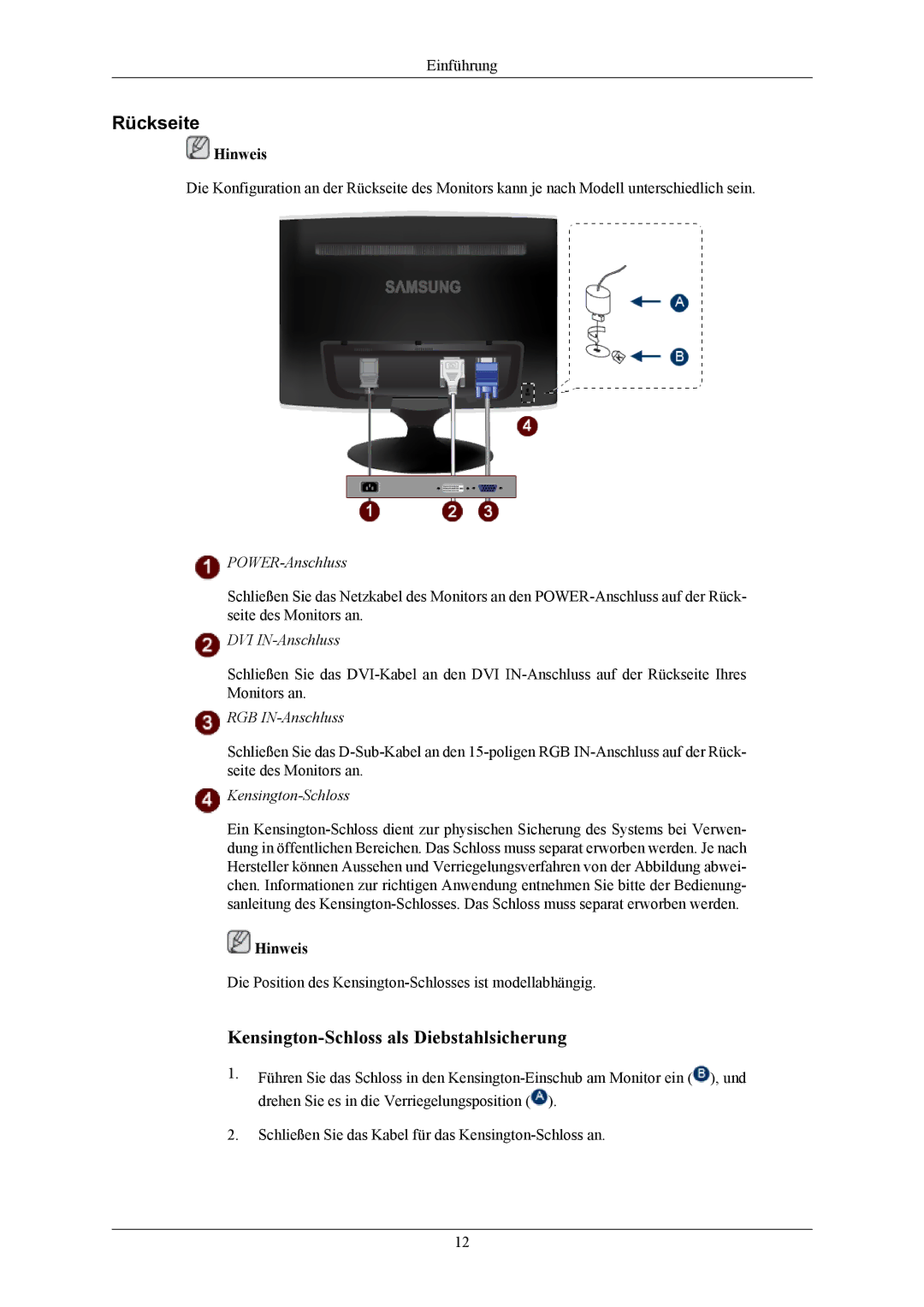 Samsung LS19TWHSUV/EN, LS20TWHSUV/EN, LS22TWHSUV/EN manual Rückseite, POWER-Anschluss 