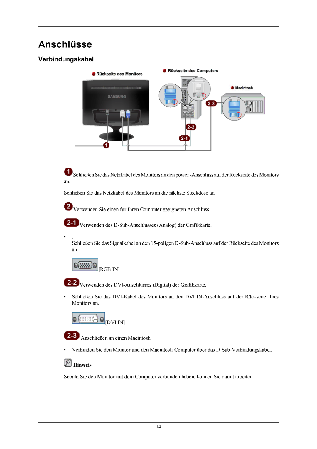 Samsung LS20TWHSUV/EN, LS19TWHSUV/EN, LS22TWHSUV/EN manual Anschlüsse, Verbindungskabel 