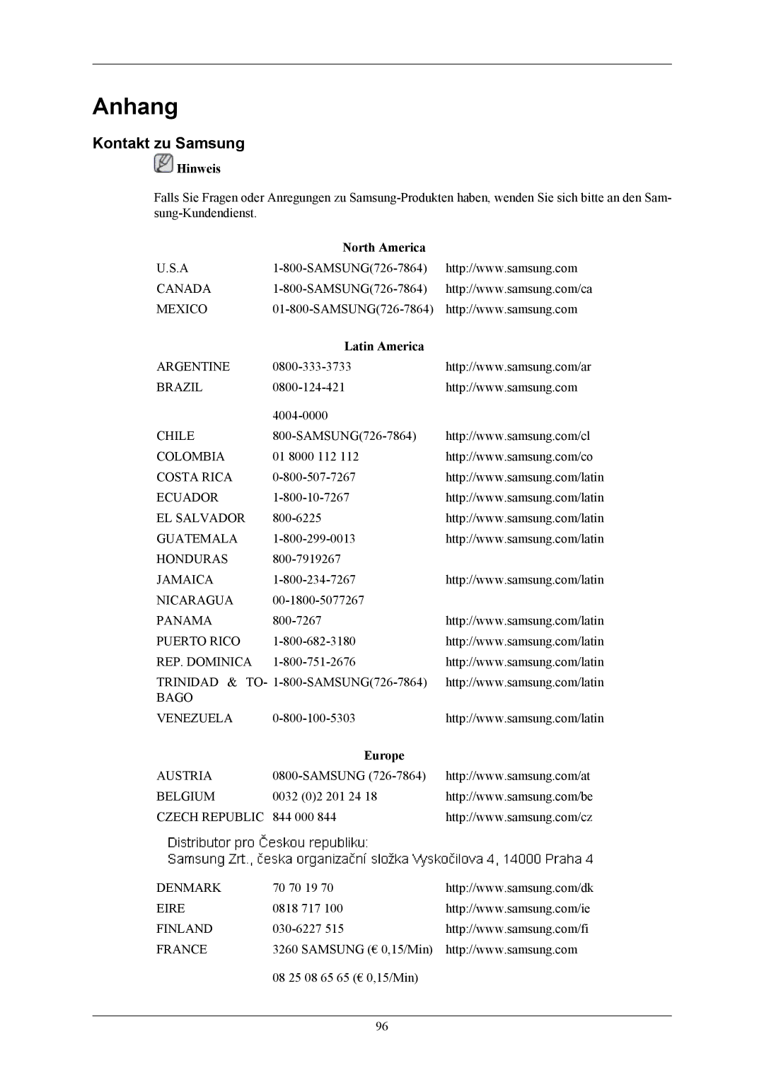 Samsung LS19TWHSUV/EN, LS20TWHSUV/EN, LS22TWHSUV/EN manual Anhang, Kontakt zu Samsung 