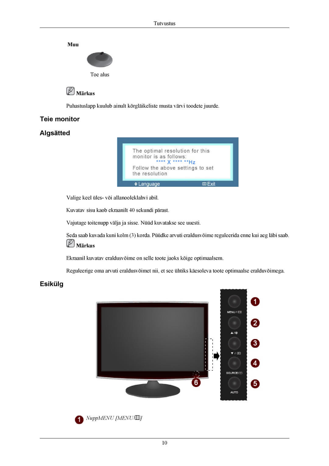 Samsung LS22TWHSUV/EN, LS20TWHSUV/EN, LS19TWHSUV/EN manual Teie monitor Algsätted, Esikülg 