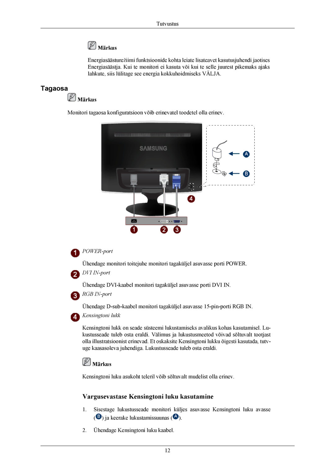 Samsung LS19TWHSUV/EN, LS20TWHSUV/EN, LS22TWHSUV/EN manual Tagaosa, Kensingtoni lukk 