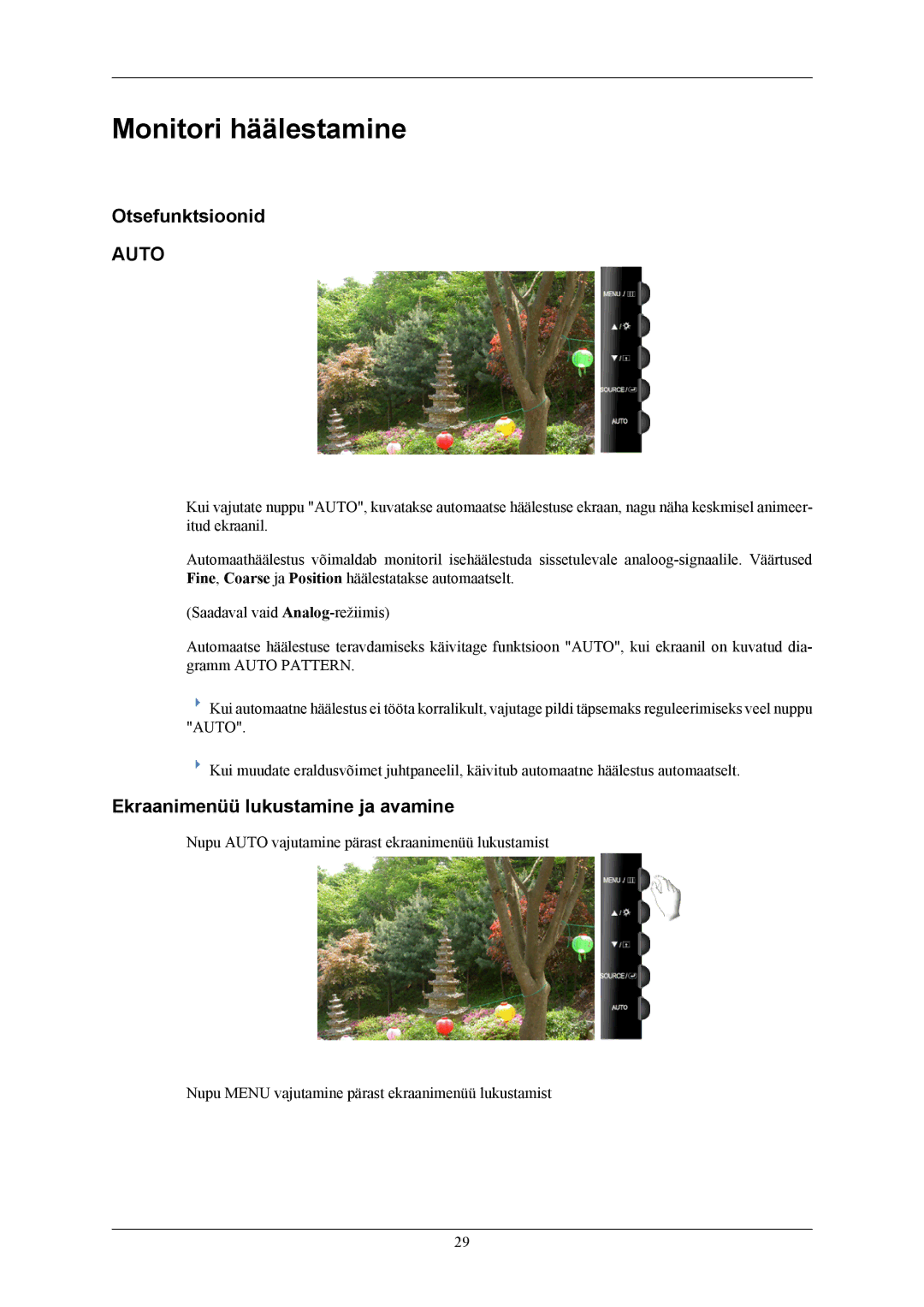 Samsung LS20TWHSUV/EN, LS19TWHSUV/EN manual Monitori häälestamine, Otsefunktsioonid, Ekraanimenüü lukustamine ja avamine 