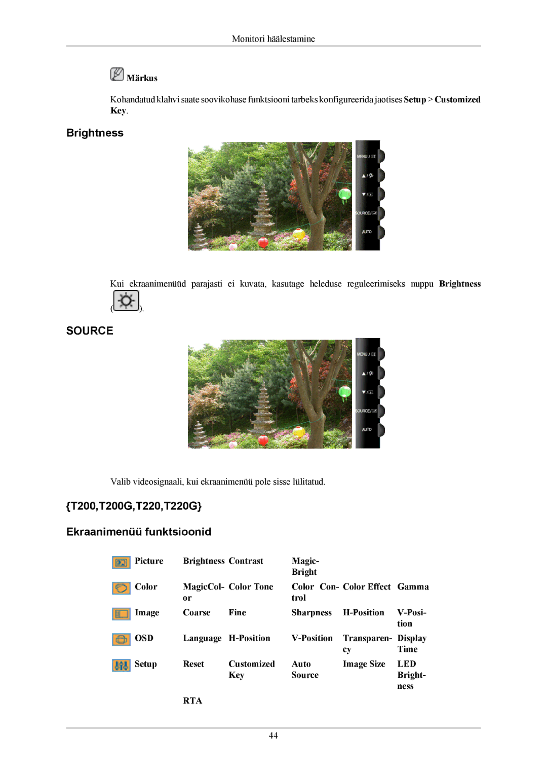 Samsung LS20TWHSUV/EN, LS19TWHSUV/EN, LS22TWHSUV/EN manual Brightness, T200,T200G,T220,T220G Ekraanimenüü funktsioonid 