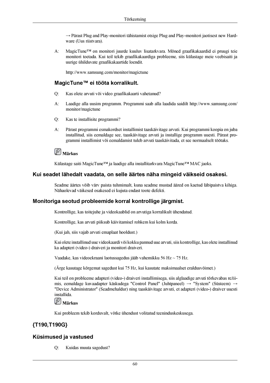 Samsung LS19TWHSUV/EN manual MagicTune ei tööta korralikult, Monitoriga seotud probleemide korral kontrollige järgmist 