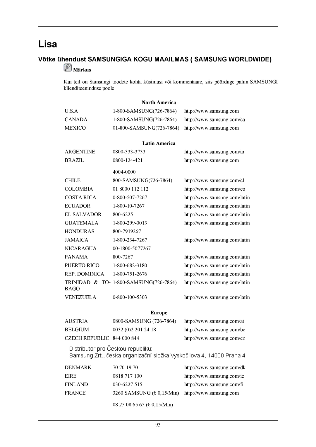 Samsung LS19TWHSUV/EN, LS20TWHSUV/EN, LS22TWHSUV/EN manual Lisa, Võtke ühendust Samsungiga Kogu Maailmas Samsung Worldwide 