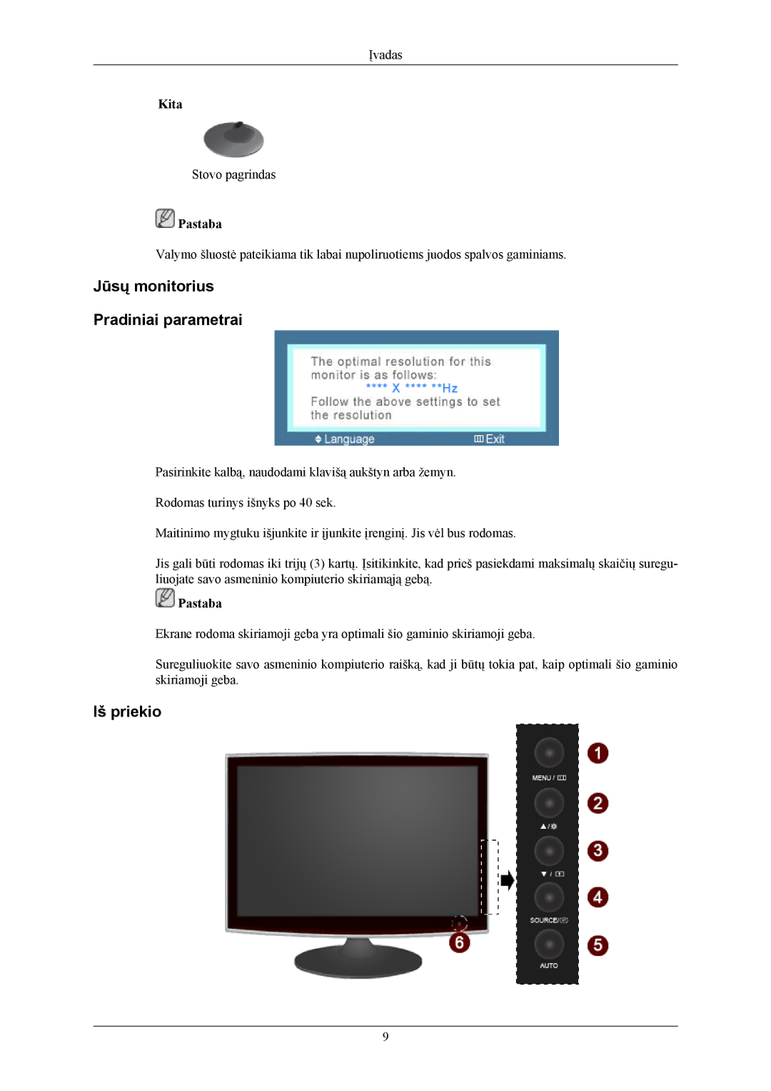 Samsung LS19TWHSUV/EN, LS20TWHSUV/EN, LS22TWHSUV/EN manual Jūsų monitorius Pradiniai parametrai, Iš priekio 