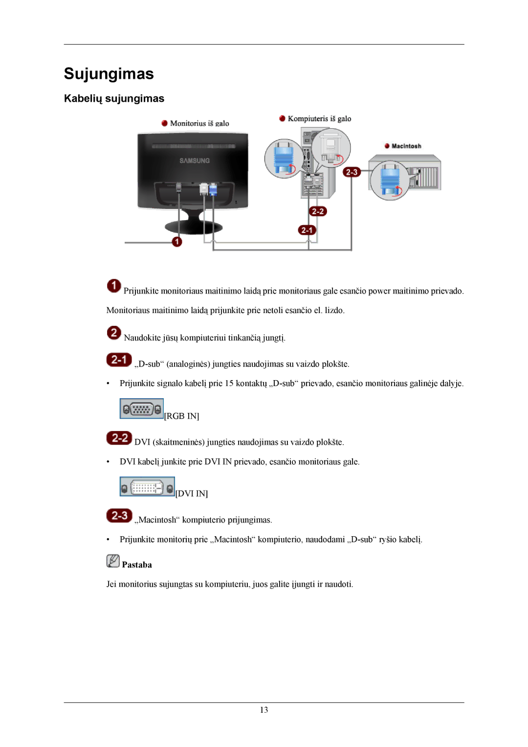 Samsung LS22TWHSUV/EN, LS20TWHSUV/EN, LS19TWHSUV/EN manual Sujungimas, Kabelių sujungimas 