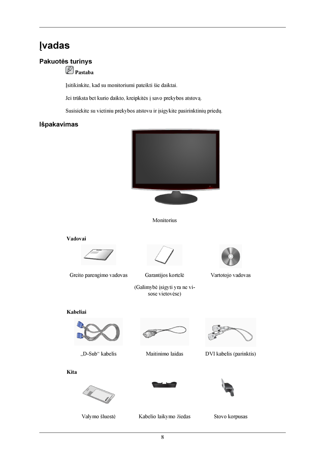 Samsung LS20TWHSUV/EN, LS19TWHSUV/EN, LS22TWHSUV/EN manual Įvadas, Pakuotės turinys, Išpakavimas 