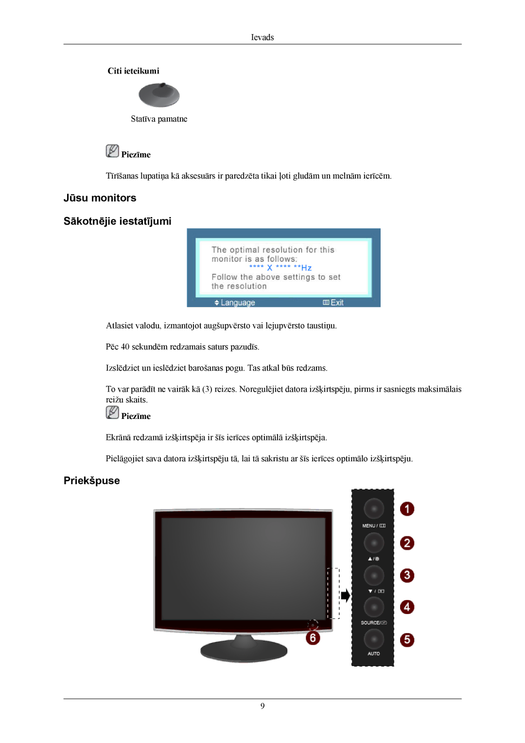 Samsung LS19TWHSUV/EN, LS20TWHSUV/EN, LS22TWHSUV/EN manual Jūsu monitors Sākotnējie iestatījumi, Priekšpuse 