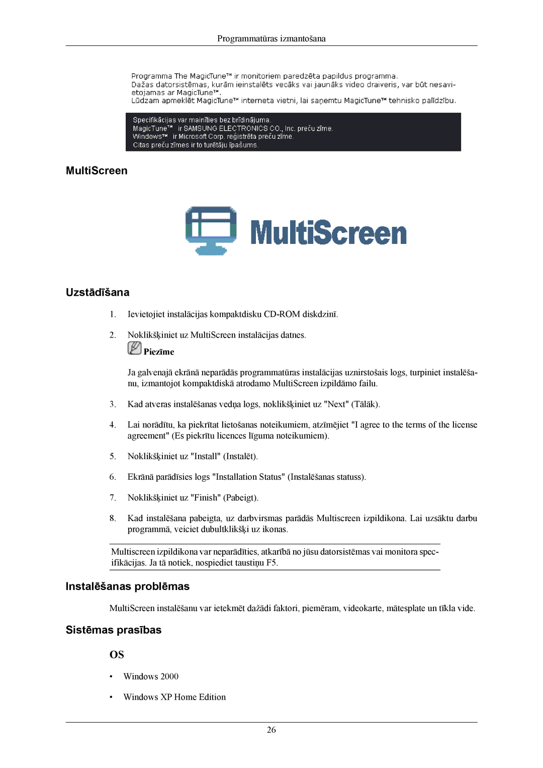 Samsung LS20TWHSUV/EN, LS19TWHSUV/EN, LS22TWHSUV/EN manual MultiScreen Uzstādīšana 