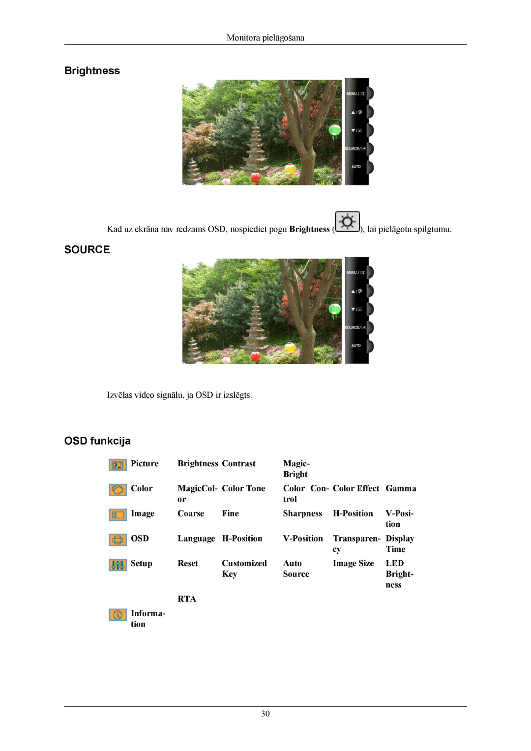 Samsung LS19TWHSUV/EN, LS20TWHSUV/EN, LS22TWHSUV/EN manual Brightness, OSD funkcija, Key Source Bright Ness, Informa- tion 