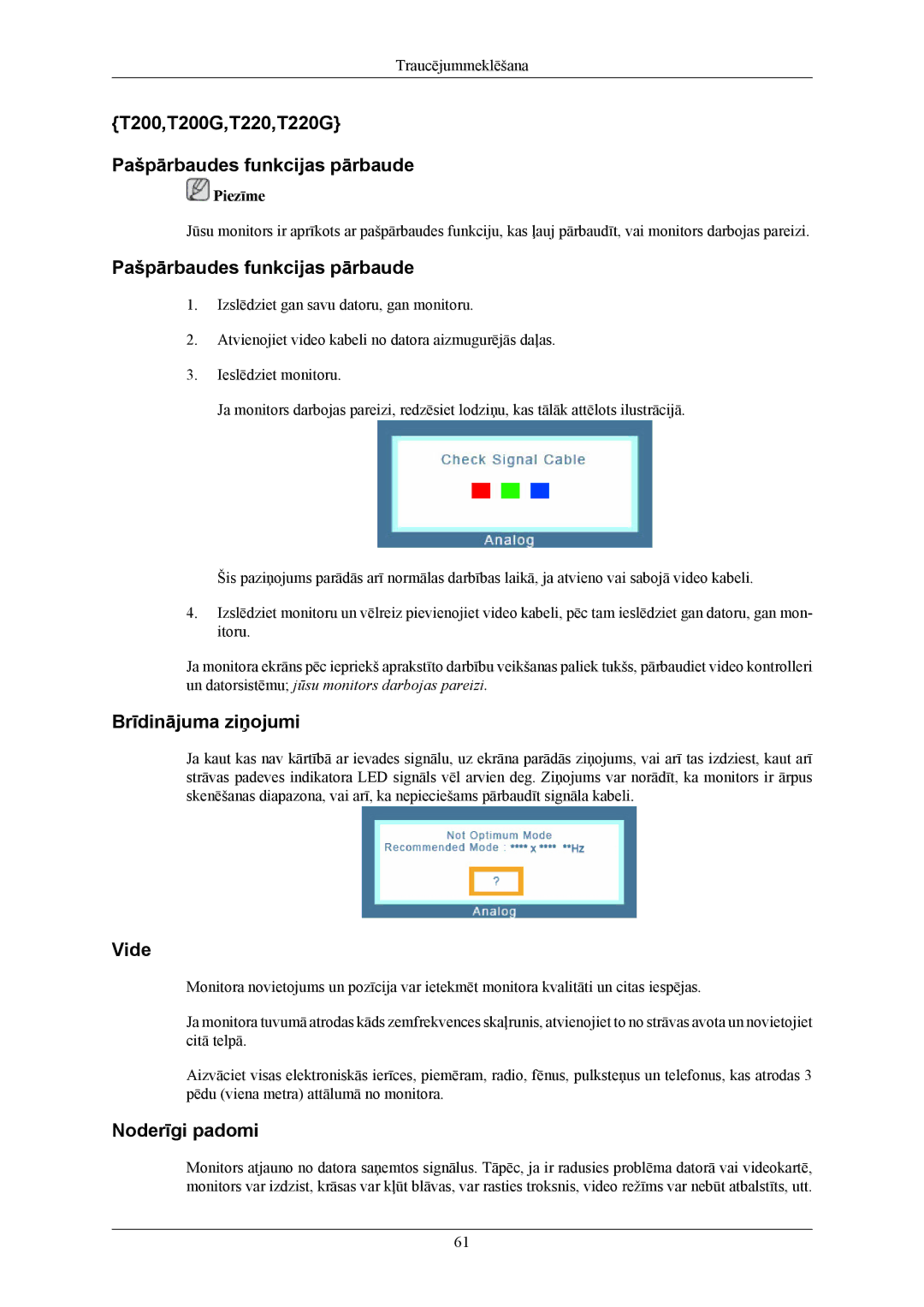 Samsung LS22TWHSUV/EN, LS20TWHSUV/EN, LS19TWHSUV/EN manual T200,T200G,T220,T220G Pašpārbaudes funkcijas pārbaude 