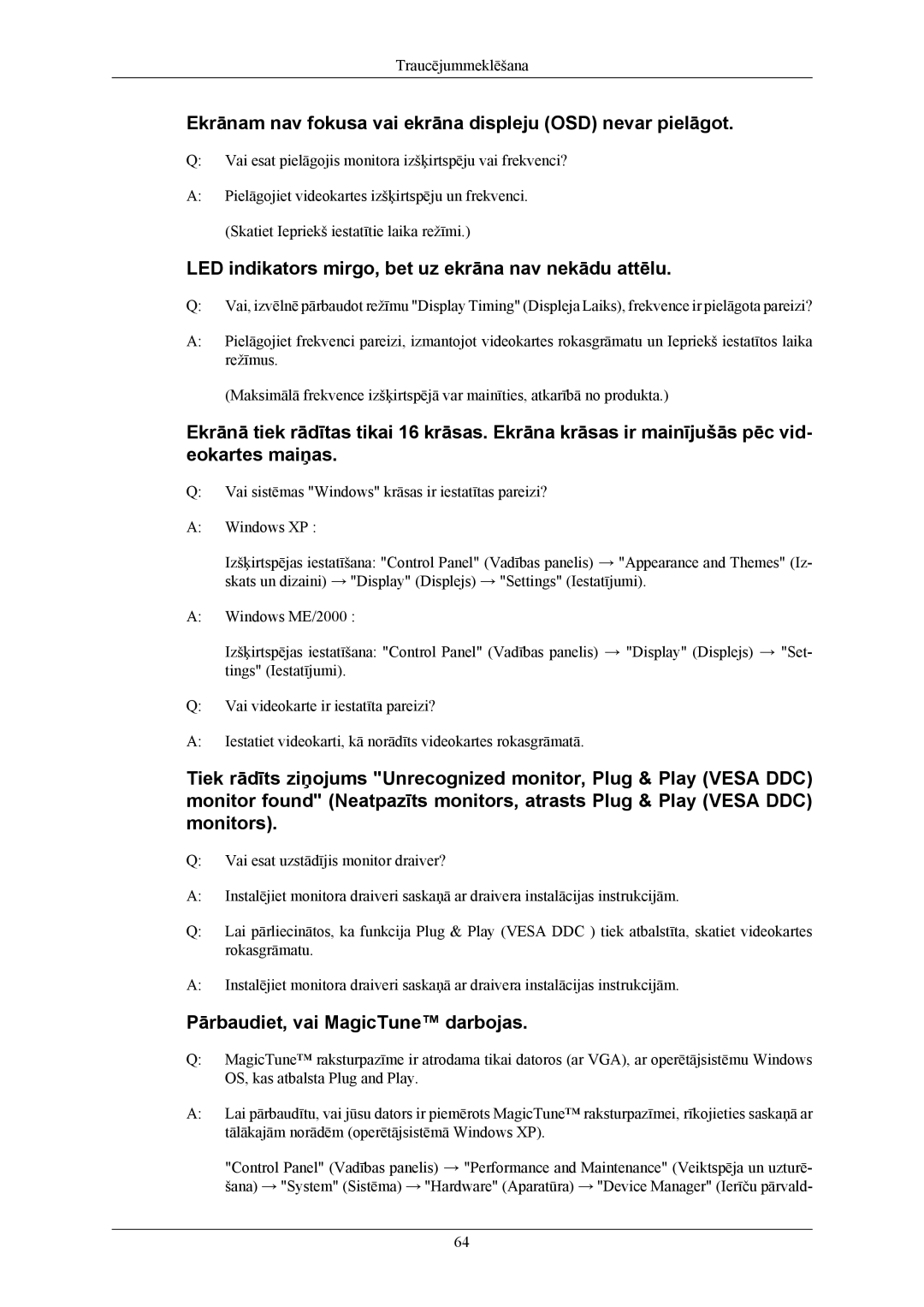 Samsung LS22TWHSUV/EN, LS20TWHSUV/EN, LS19TWHSUV/EN manual Ekrānam nav fokusa vai ekrāna displeju OSD nevar pielāgot 