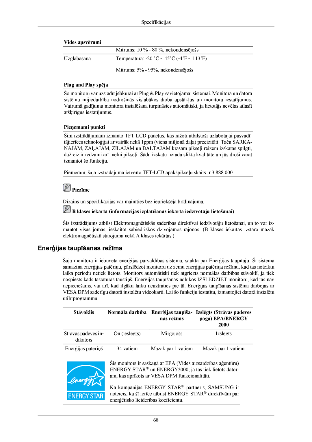 Samsung LS20TWHSUV/EN, LS19TWHSUV/EN, LS22TWHSUV/EN manual Enerģijas taupīšanas režīms, Plug and Play spēja, Pieņemami punkti 