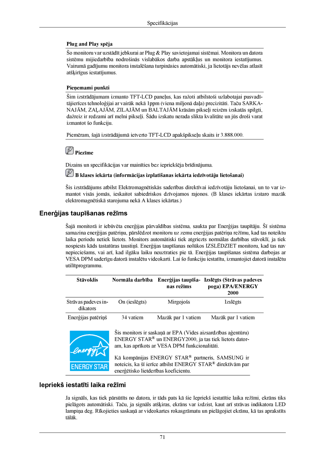 Samsung LS20TWHSUV/EN, LS19TWHSUV/EN, LS22TWHSUV/EN manual Enerģijas taupīšanas režīms 