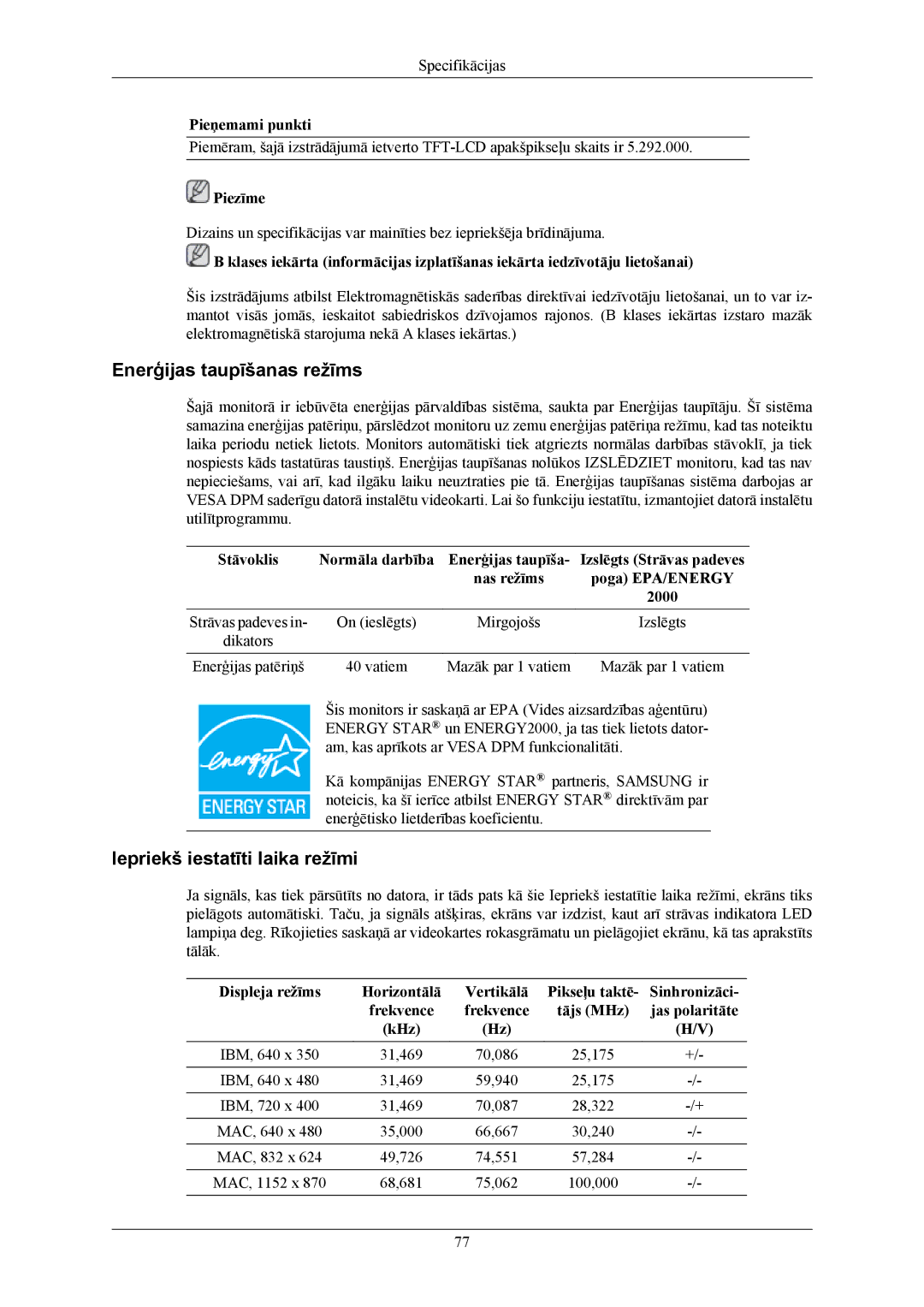 Samsung LS20TWHSUV/EN, LS19TWHSUV/EN, LS22TWHSUV/EN manual Enerģijas taupīšanas režīms 