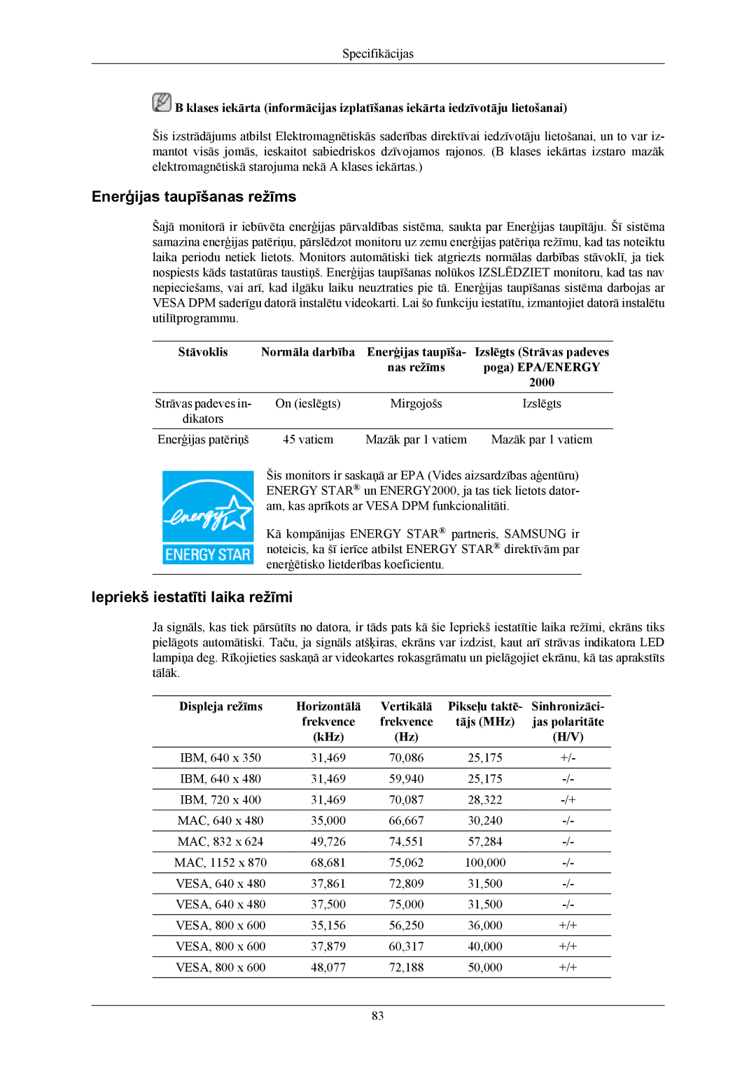 Samsung LS20TWHSUV/EN, LS19TWHSUV/EN, LS22TWHSUV/EN manual Enerģijas taupīšanas režīms 