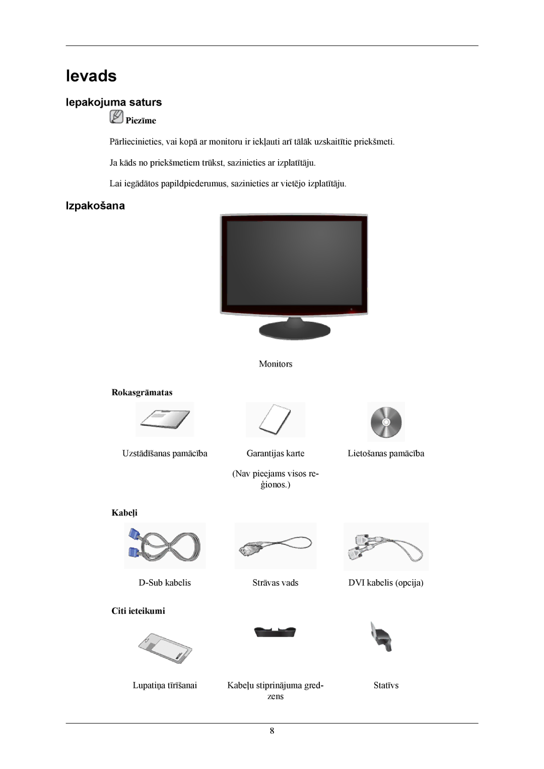 Samsung LS20TWHSUV/EN, LS19TWHSUV/EN, LS22TWHSUV/EN manual Ievads, Iepakojuma saturs, Izpakošana 