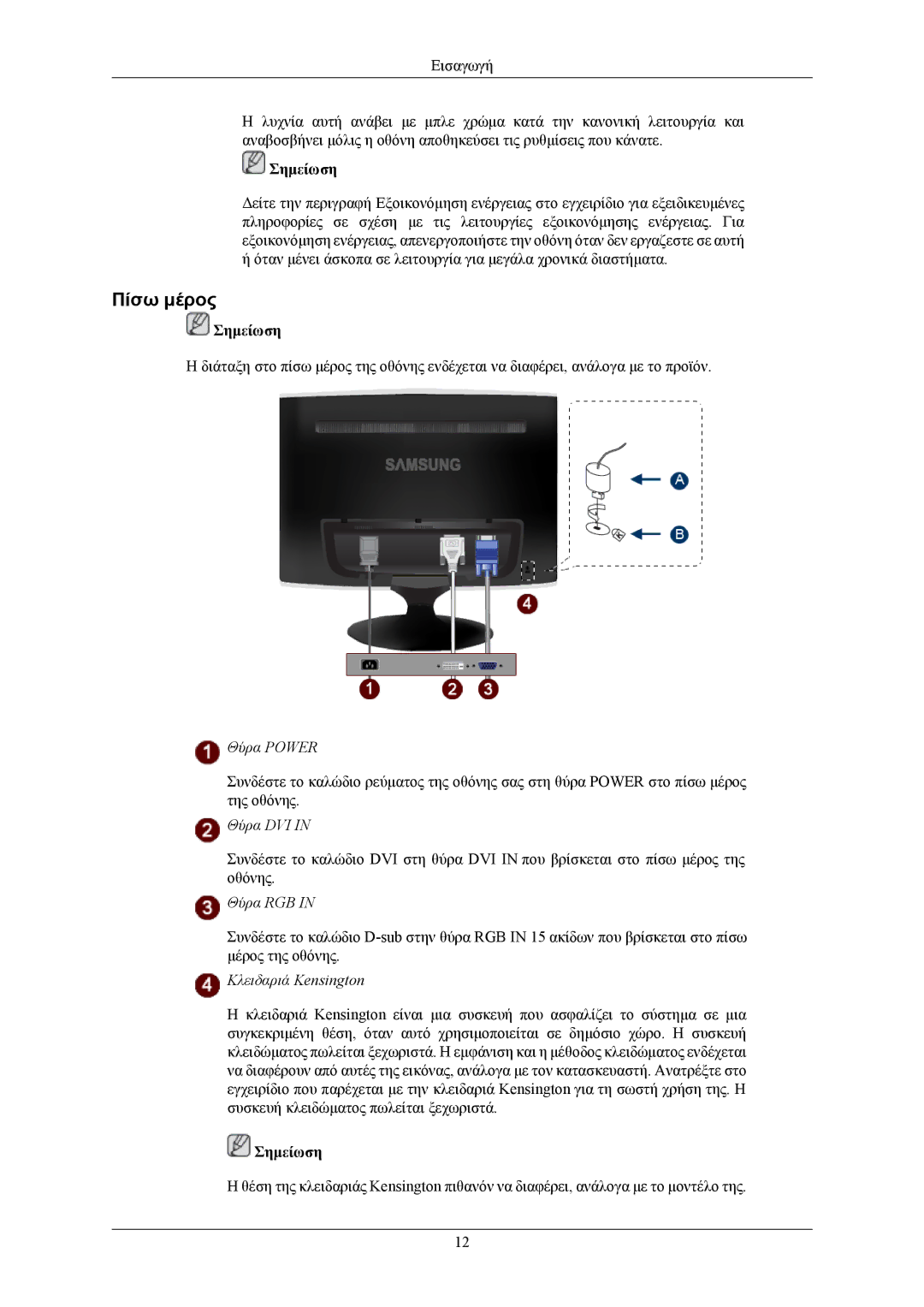 Samsung LS19TWHSUV/EN, LS20TWHSUV/EN, LS22TWHSUV/EN manual Πίσω μέρος, Θύρα RGB 