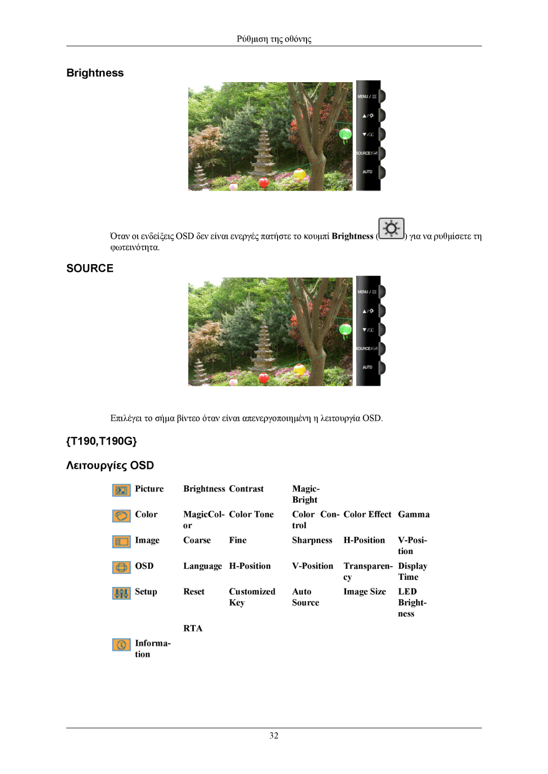 Samsung LS20TWHSUV/EN, LS19TWHSUV/EN, LS22TWHSUV/EN manual Brightness, T190,T190G Λειτουργίες OSD 