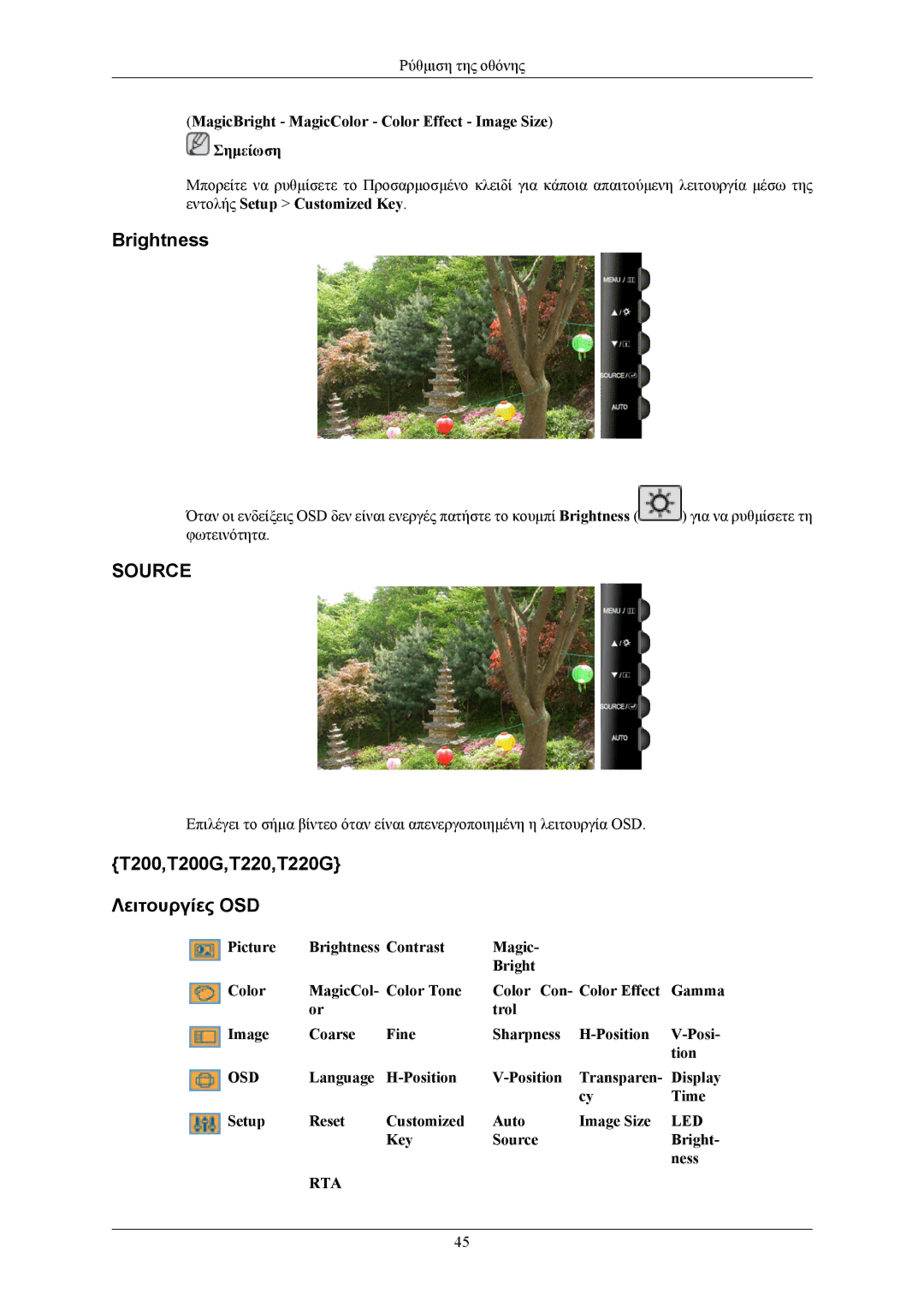 Samsung LS19TWHSUV/EN, LS20TWHSUV/EN, LS22TWHSUV/EN manual Brightness, T200,T200G,T220,T220G Λειτουργίες OSD 