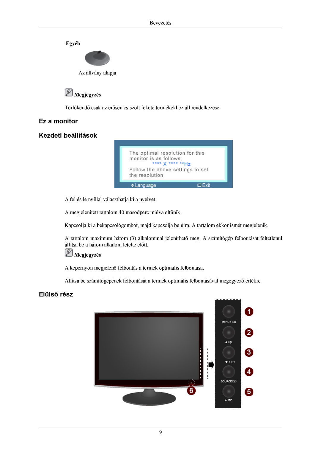 Samsung LS19TWHSUV/EN, LS20TWHSUV/EN, LS22TWHSUV/EN manual Ez a monitor Kezdeti beállítások, Elülső rész 