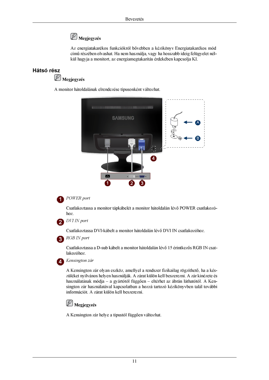 Samsung LS20TWHSUV/EN, LS19TWHSUV/EN, LS22TWHSUV/EN manual Hátsó rész, RGB in port 