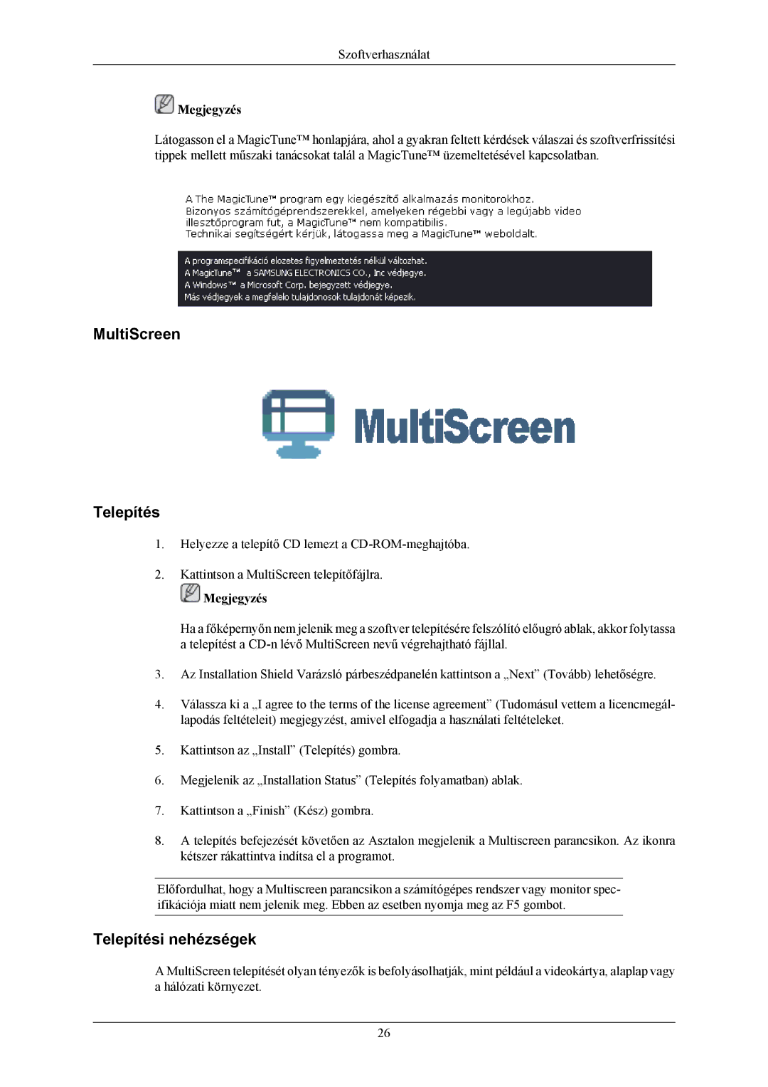 Samsung LS20TWHSUV/EN, LS19TWHSUV/EN, LS22TWHSUV/EN manual MultiScreen Telepítés 