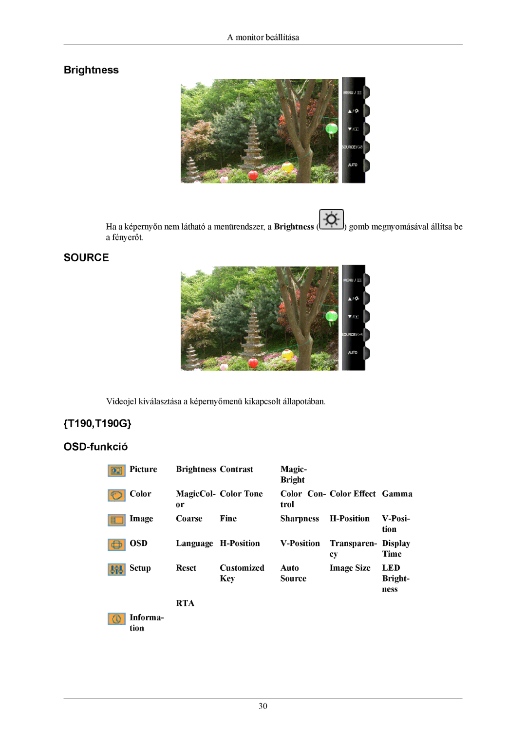 Samsung LS19TWHSUV/EN, LS20TWHSUV/EN manual Brightness, T190,T190G OSD-funkció, Key Source Bright Ness, Informa- tion 