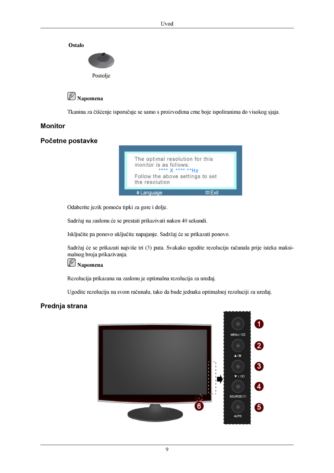 Samsung LS19TWHSUV/EN, LS20TWHSUV/EN, LS22TWHSUV/EN manual Monitor Početne postavke, Prednja strana 