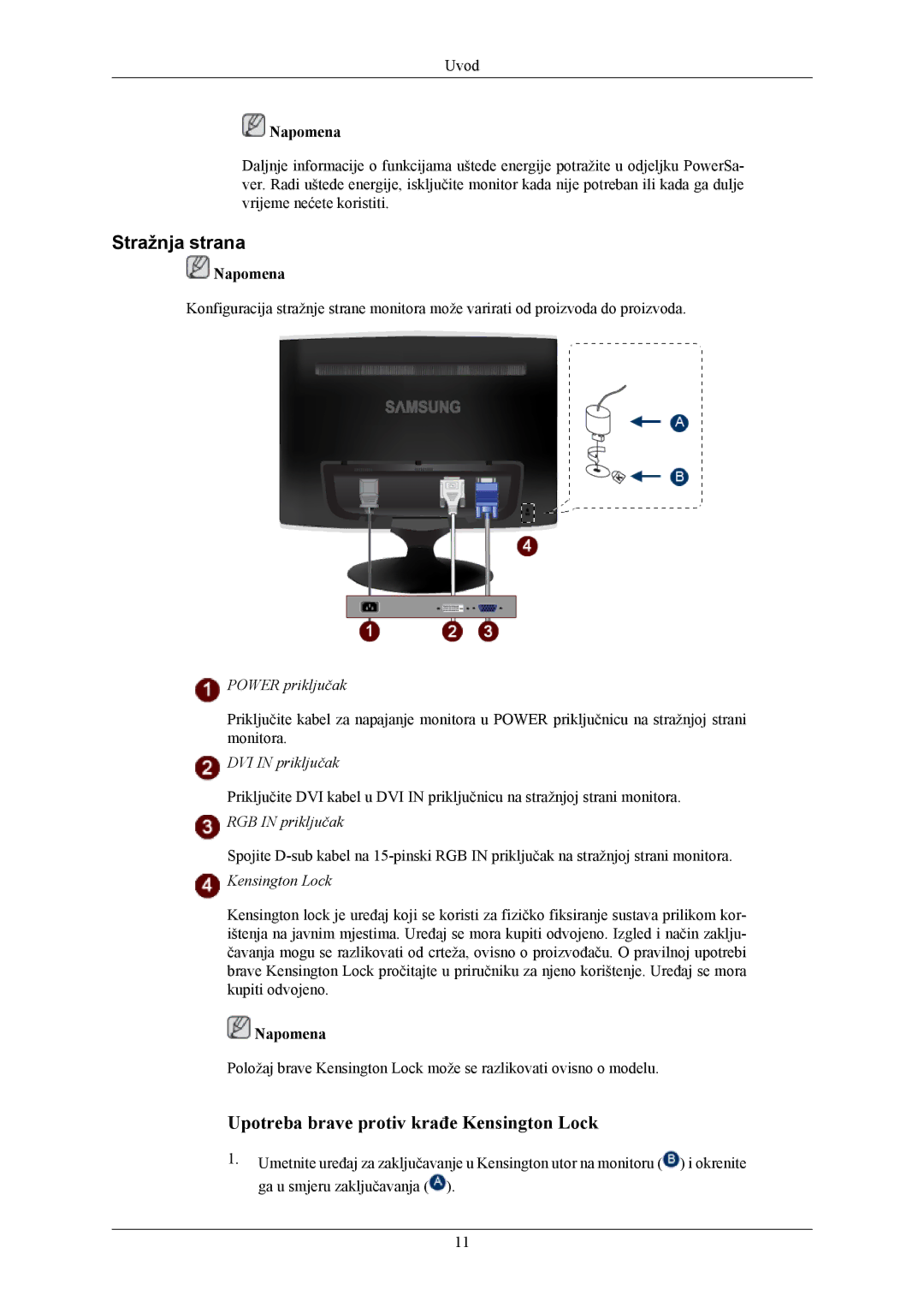 Samsung LS20TWHSUV/EN, LS19TWHSUV/EN, LS22TWHSUV/EN manual Stražnja strana, Kensington Lock 