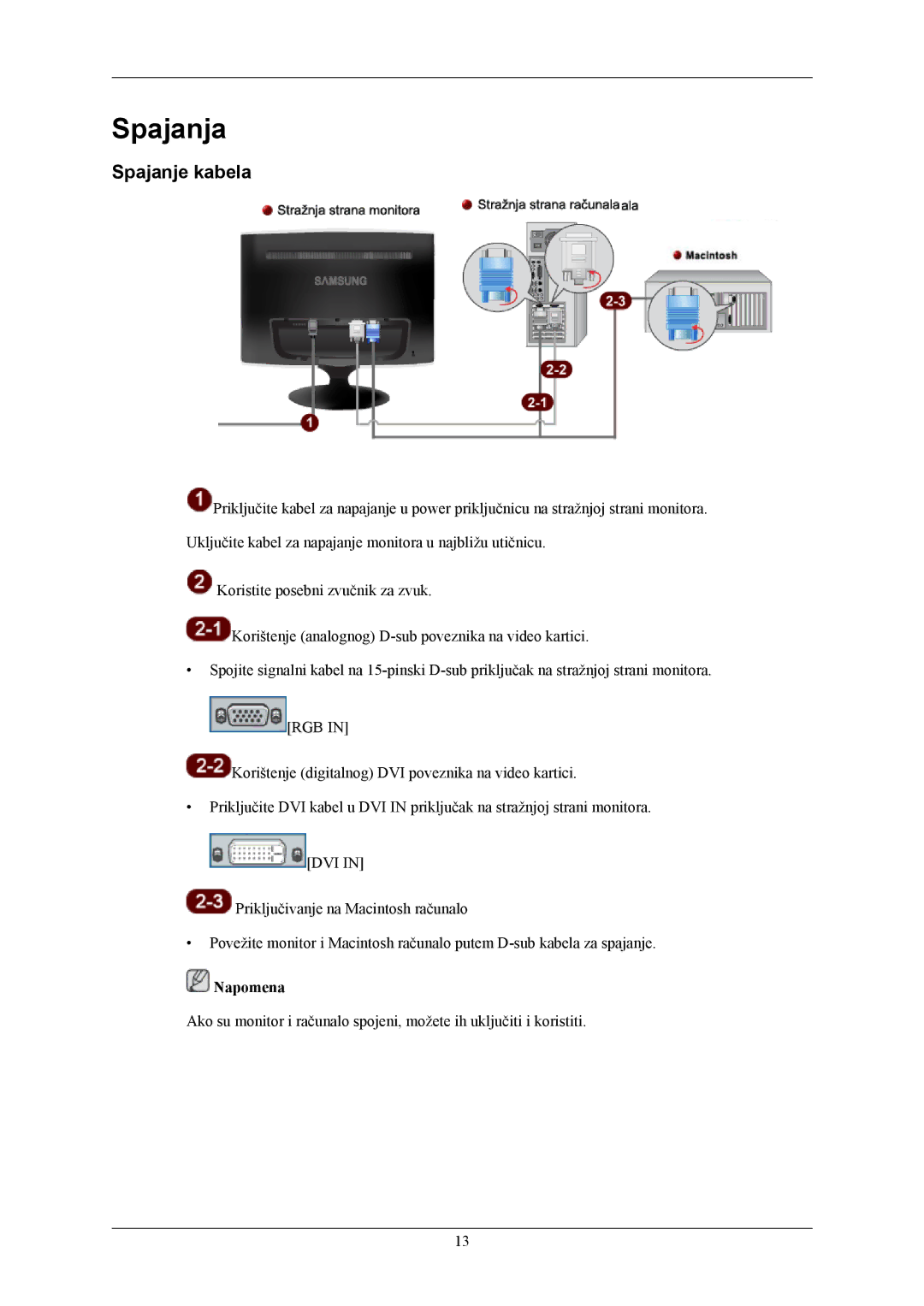 Samsung LS22TWHSUV/EN, LS20TWHSUV/EN, LS19TWHSUV/EN manual Spajanja, Spajanje kabela 