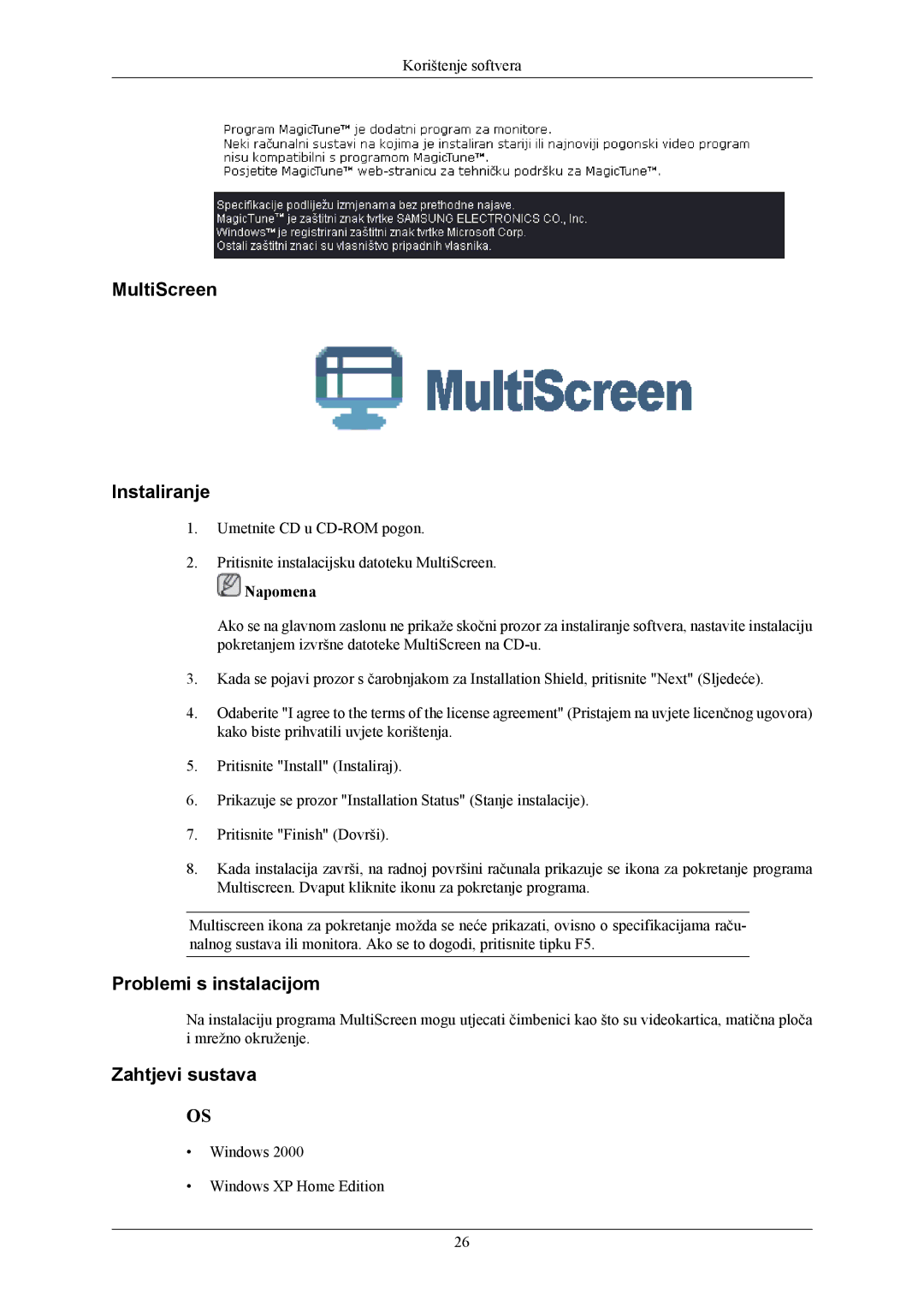 Samsung LS20TWHSUV/EN, LS19TWHSUV/EN, LS22TWHSUV/EN manual MultiScreen Instaliranje 