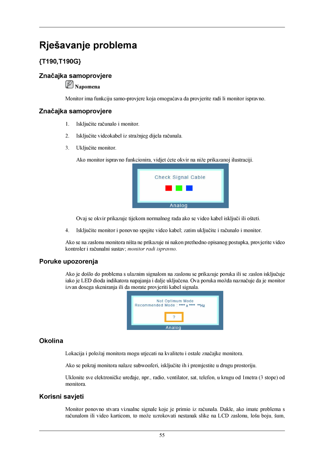 Samsung LS22TWHSUV/EN Rješavanje problema, T190,T190G Značajka samoprovjere, Poruke upozorenja, Okolina, Korisni savjeti 