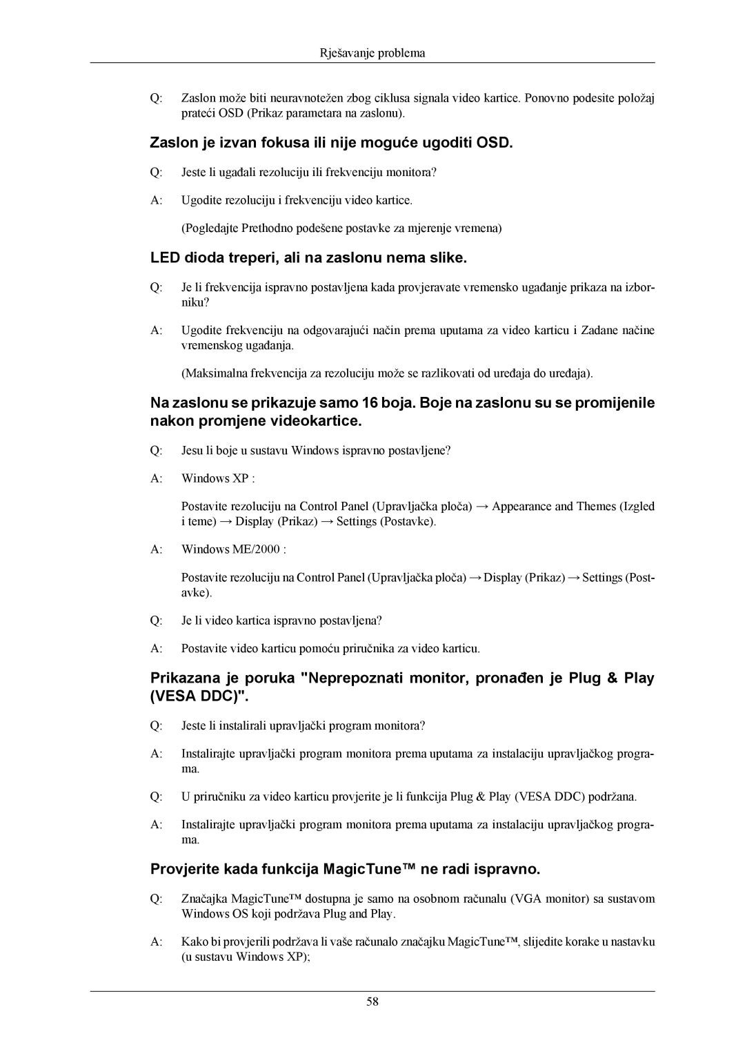 Samsung LS22TWHSUV/EN Zaslon je izvan fokusa ili nije moguće ugoditi OSD, LED dioda treperi, ali na zaslonu nema slike 