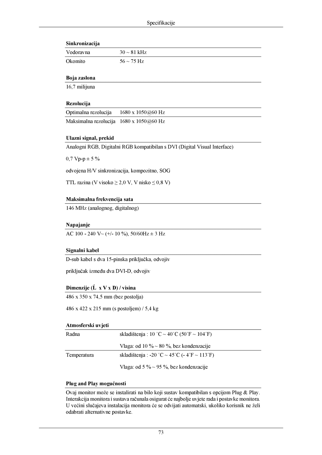 Samsung LS22TWHSUV/EN, LS20TWHSUV/EN, LS19TWHSUV/EN manual Vodoravna ~ 81 kHz Okomito ~ 75 Hz 