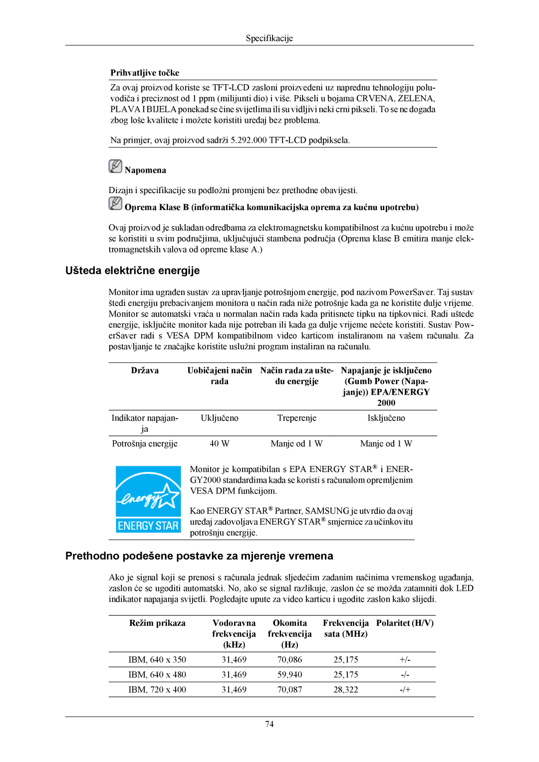 Samsung LS20TWHSUV/EN, LS19TWHSUV/EN, LS22TWHSUV/EN manual Ušteda električne energije 