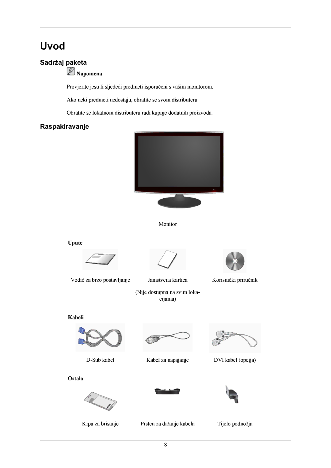 Samsung LS20TWHSUV/EN, LS19TWHSUV/EN, LS22TWHSUV/EN manual Uvod, Sadržaj paketa, Raspakiravanje 